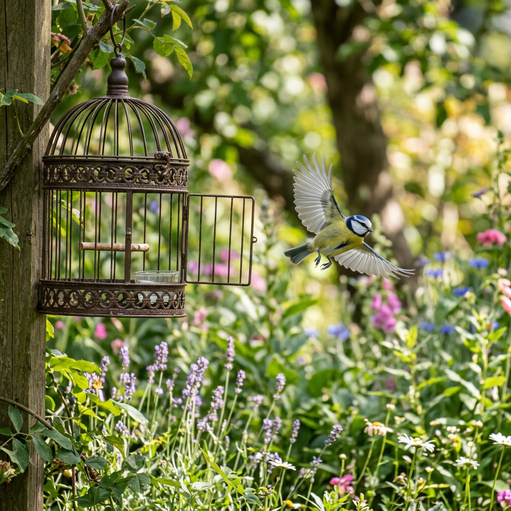 Blue tit flying beside an open vintage birdcage in a flower garden